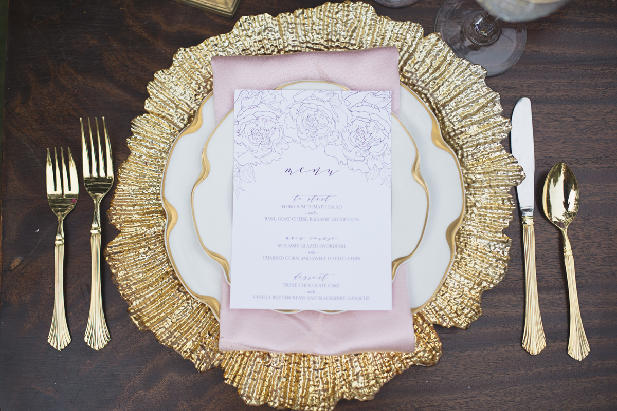 Elegant Lavender Plantation Elopement | Lavender, white, blush, and gold place setting