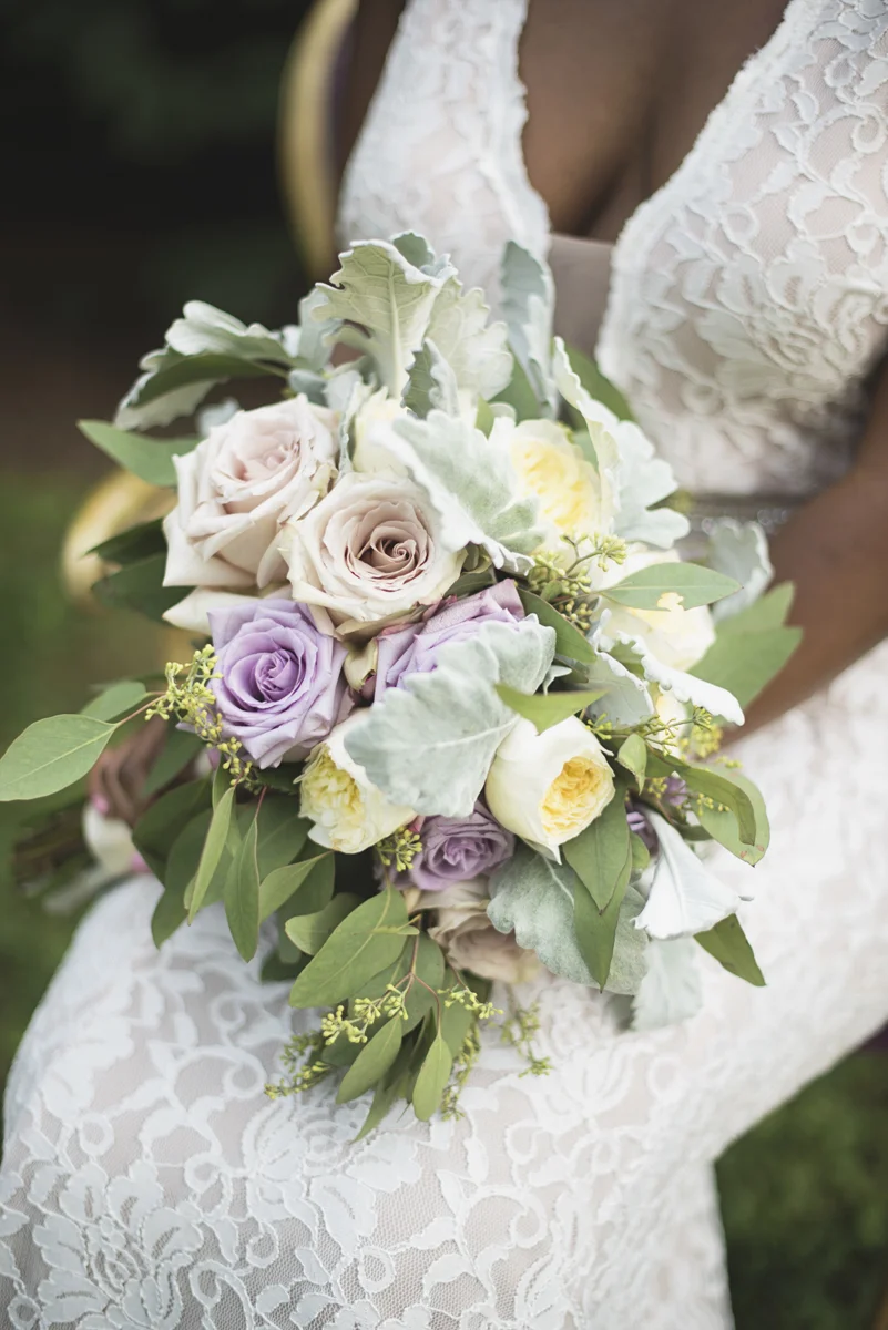 Elegant Lavender Plantation Elopement | Eucalyptus, blush rose, lavender rose, and white rose bridal bouquet