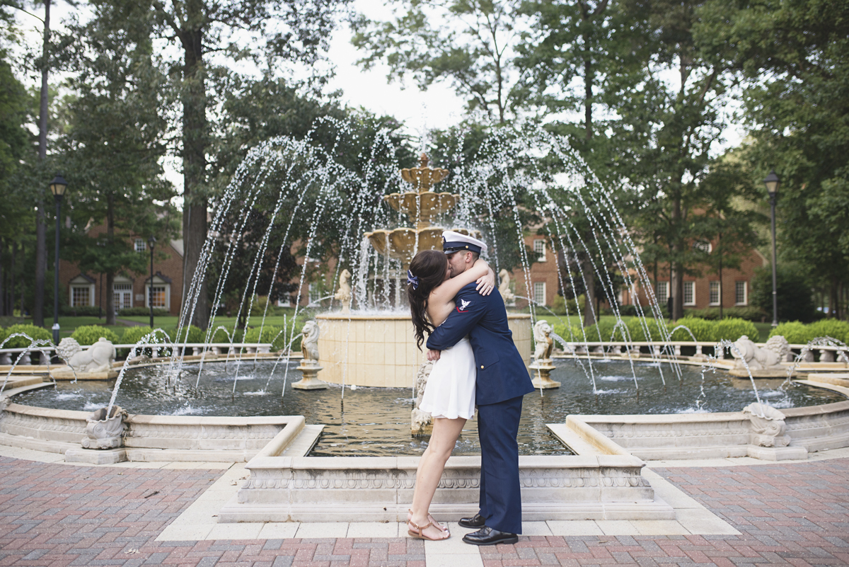 Coast Guard Military High Fashion Engagement Session by a Fountain