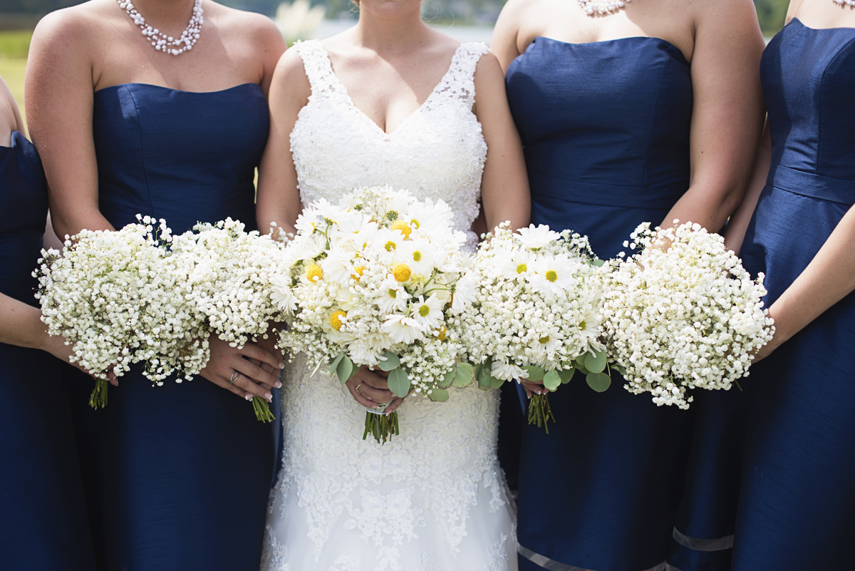Nautical Navy Virginia Wedding | Navy Blue Wedding Colors | Navy Blue Bridesmaid Dresses with White Daisy and Baby's Breath Bouquets
