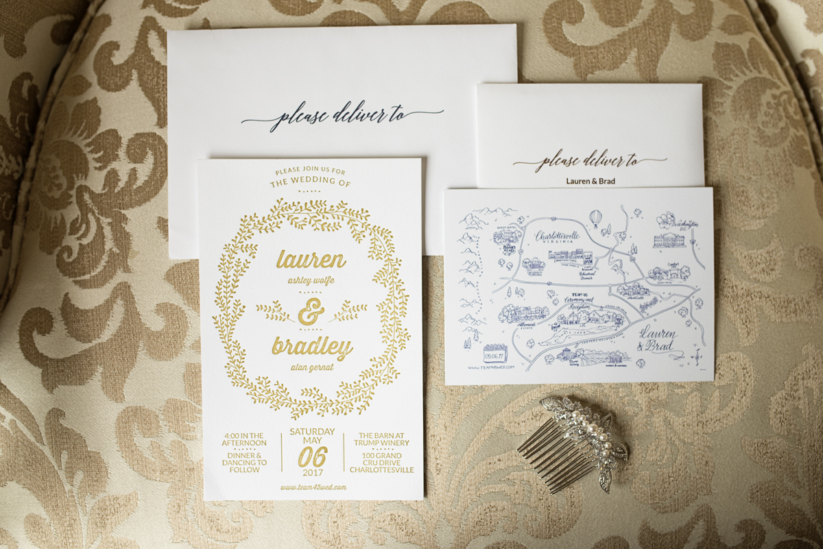 Albemarle Estate at Trump Winery Wedding | Gold and White Wedding Invitations