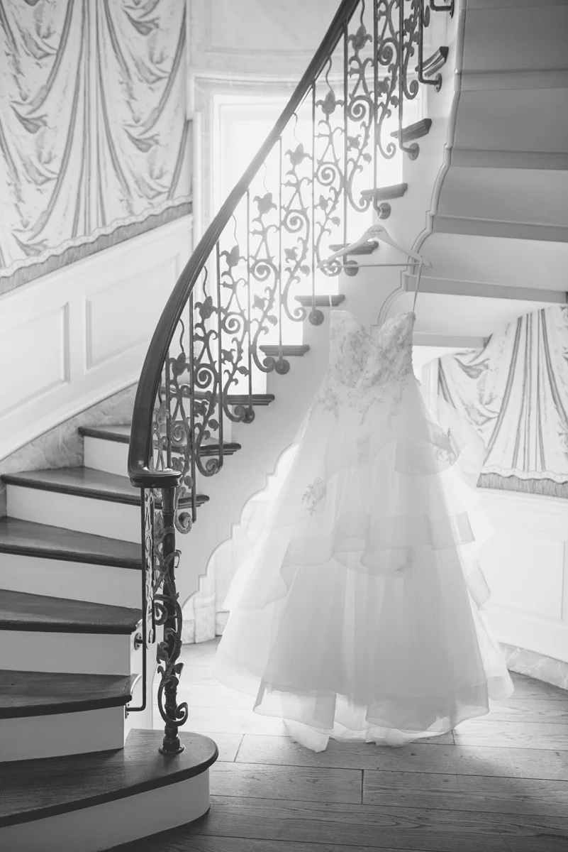 Albemarle Estate at Trump Winery Wedding | Wedding Dress on a Staircase