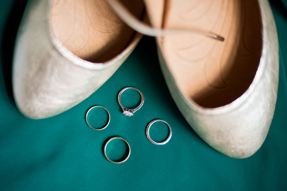 Emerald Green Classic Country Club Wedding | Gold Ballet Flat Wedding Ring Shot
