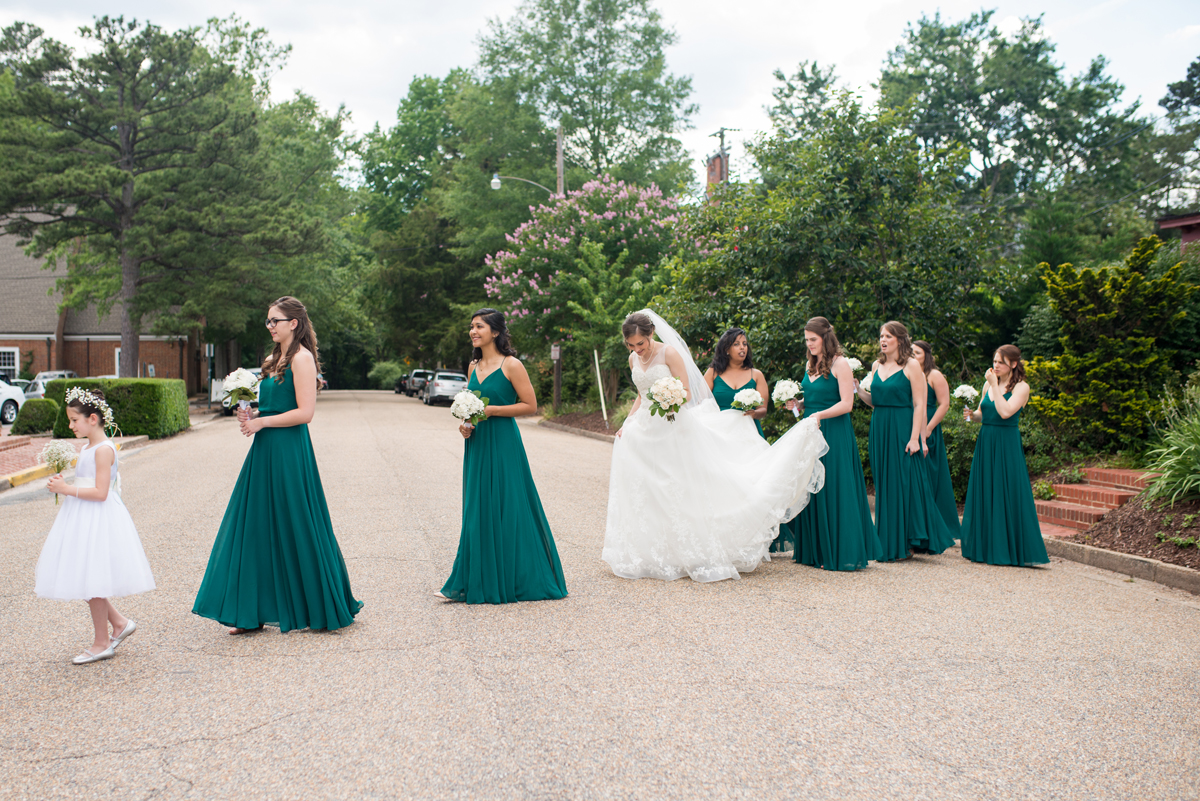 Emerald Green Classic Country Club Wedding | Bridal Party Crossing Road