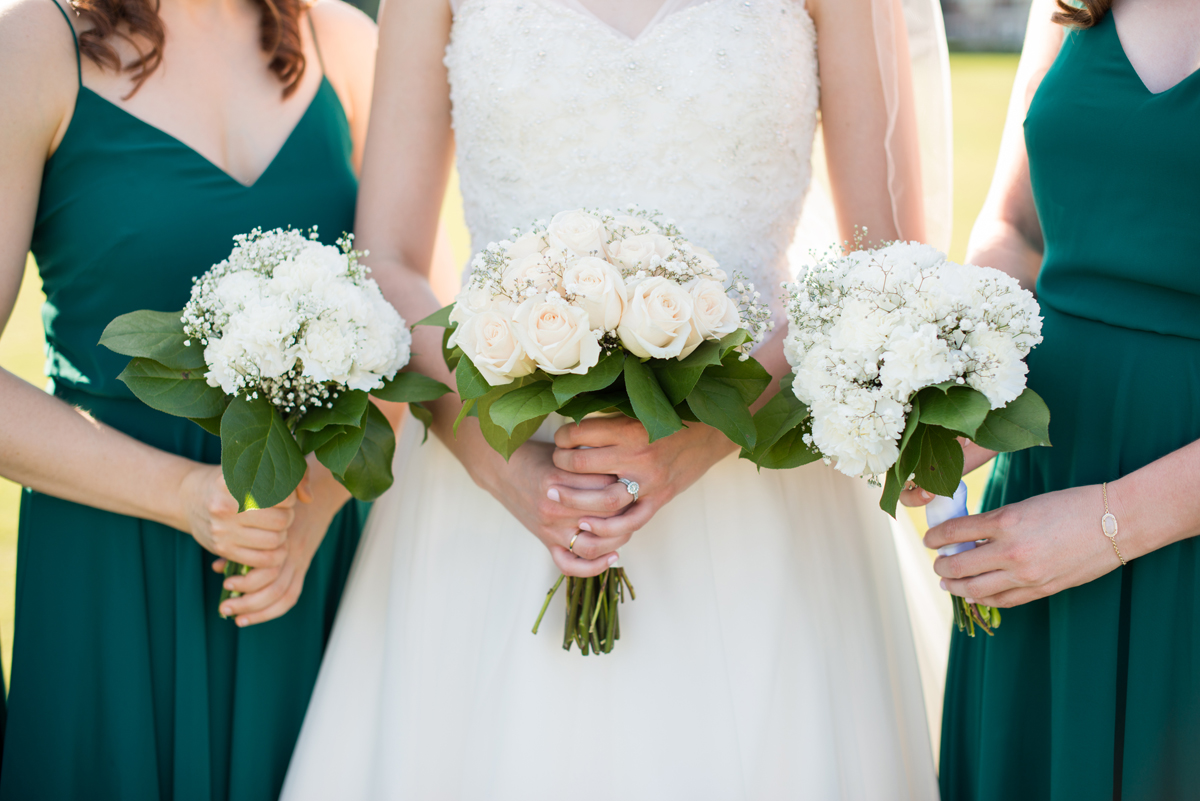 Emerald Green Classic Country Club Wedding | Carnation, Rose, and Baby's Breath Bouquets