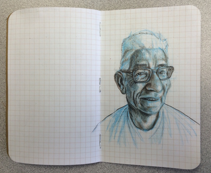 stole a pic of my dad in his pj's and drew him on the plane back to Georgia....(graphite, colored pencil on paper, 7 x 5.5 inches, Dec. 2015) 