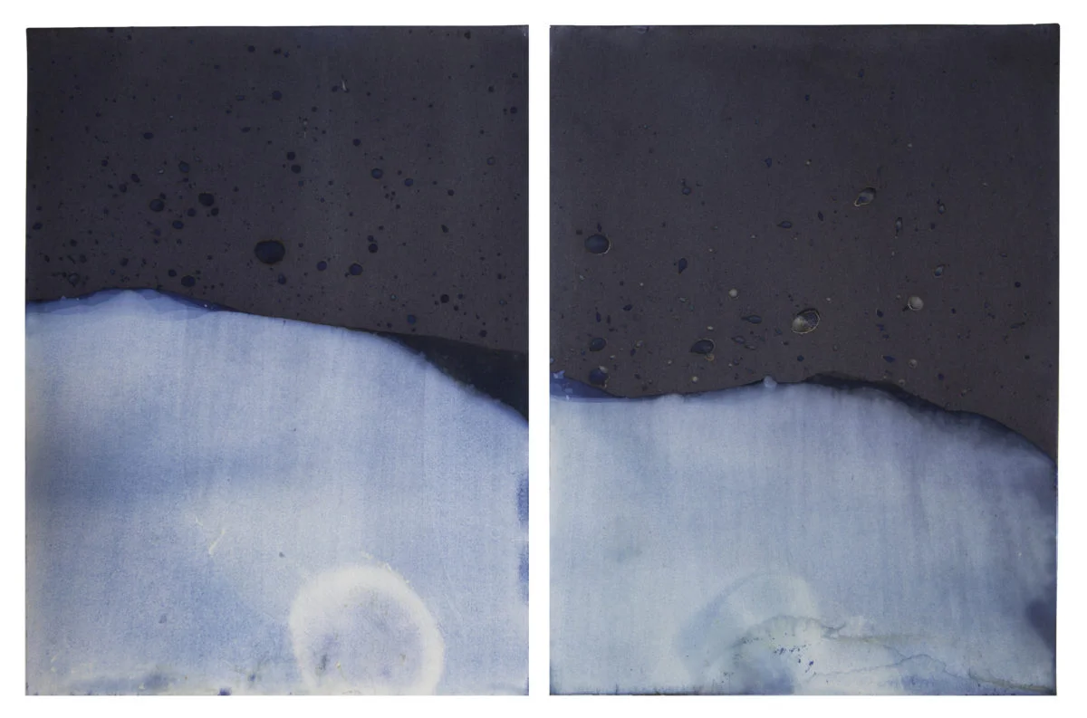Meghann Riepenhoff, Muybridge Tides #08 (Rapidly Submerged Paper, Snake River, WY, 09.23.17), 2017, signed in pencil verso, two dynamic cyanotypes, 12 x 9 inches, approximate mount 16 x 24 inches, unique (JFA 32190)