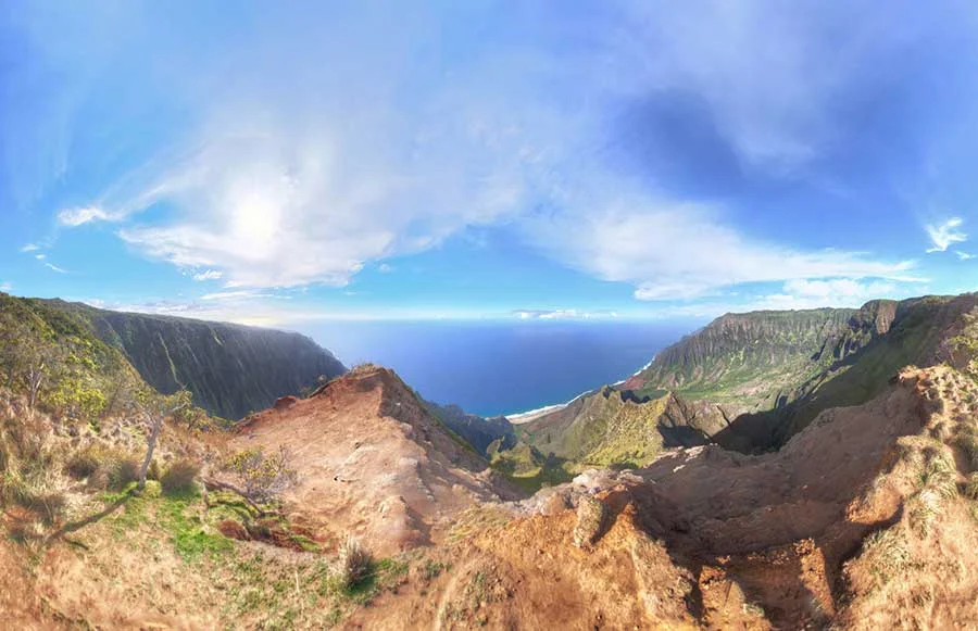 Here's the first render from the Kauai pole shoots: End of Kalepa Ridge Trail, HI 2013. 8 shots 17' up in the air from a Canon 8mm fisheye. The distortion is deceiving; what was a sheer drop off appears to be just in front of rather then below where the viewer. Here's the 360 version of the Kalepa Ridge Trail which demonstrates the sheer drop off much better: VIEW FULL 360 VERSION ON 360cities.net
