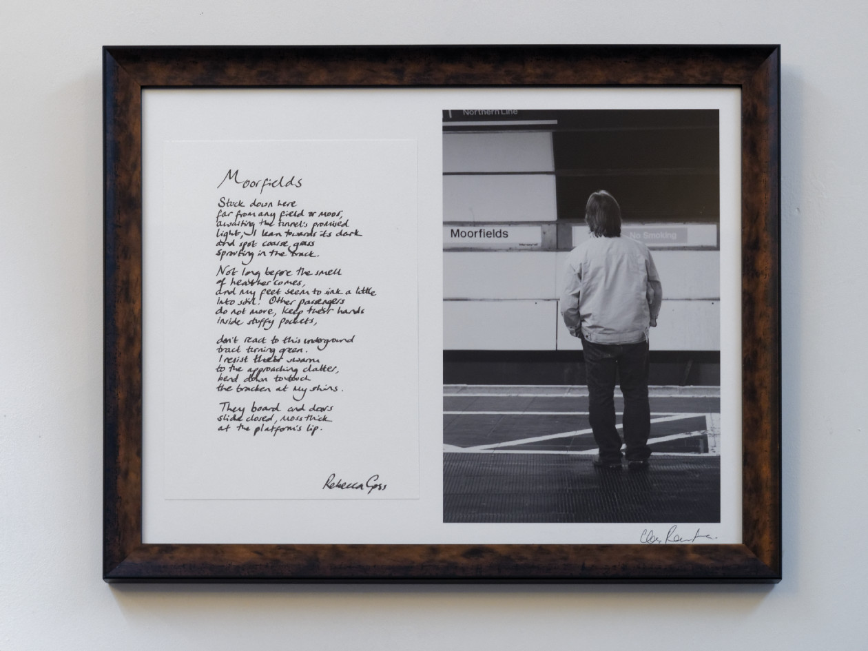 "Moorfields" by Rebecca Goss and Christopher Routledge. Original and unique artwork. Handwritten poem and photographic print signed by both artists on archival papers. Image dimensions: 225x330mm. Total dimensions including frame: 560x440mm. Available framed or unframed. £enquire