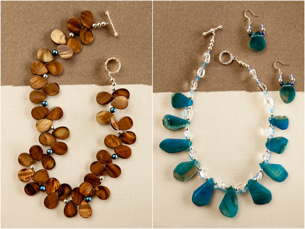 necklace, wood necklace, sapphire, brown, tan fabric, silver