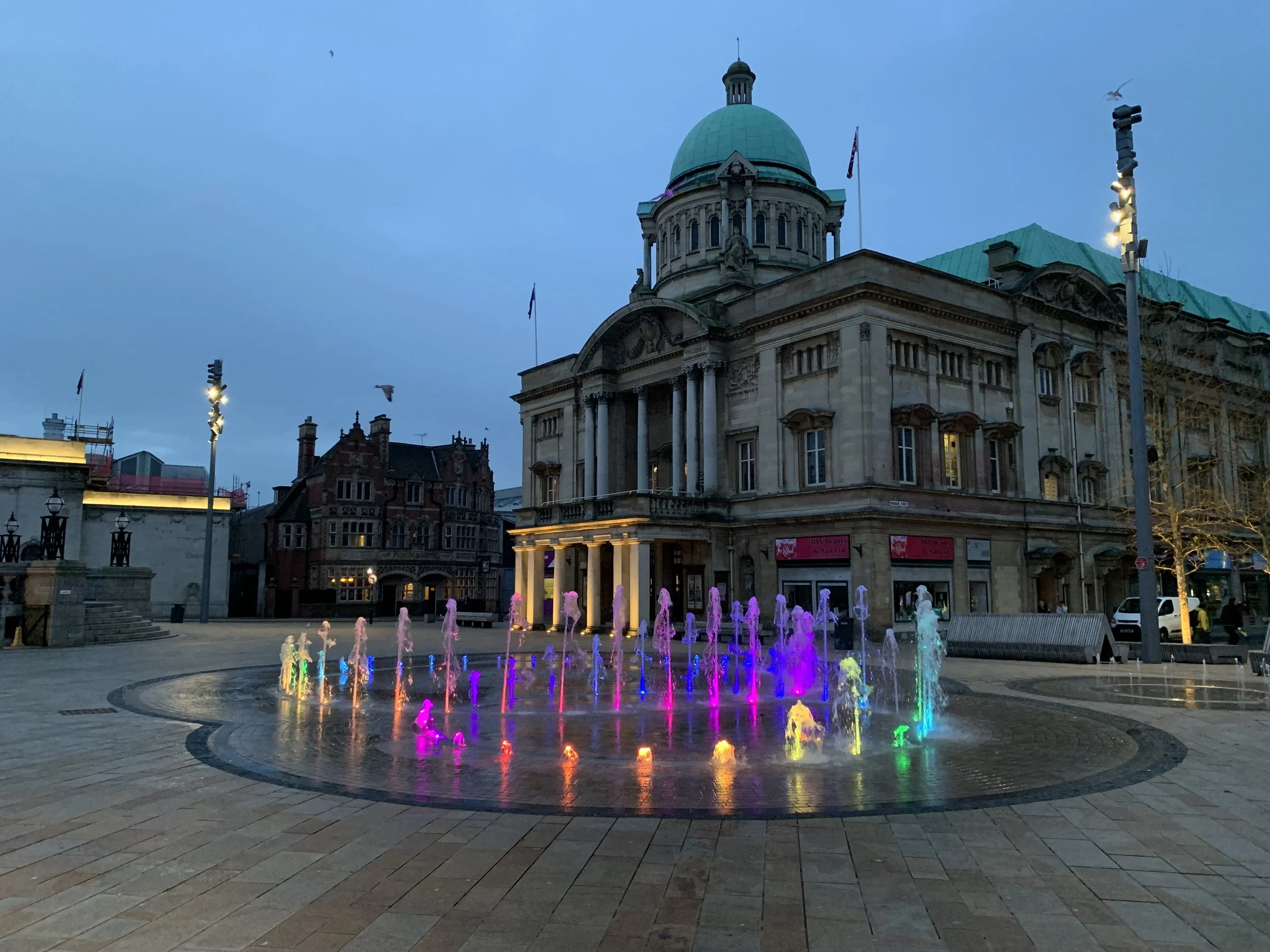 The coloured fountains in Hull city centre look lovely.