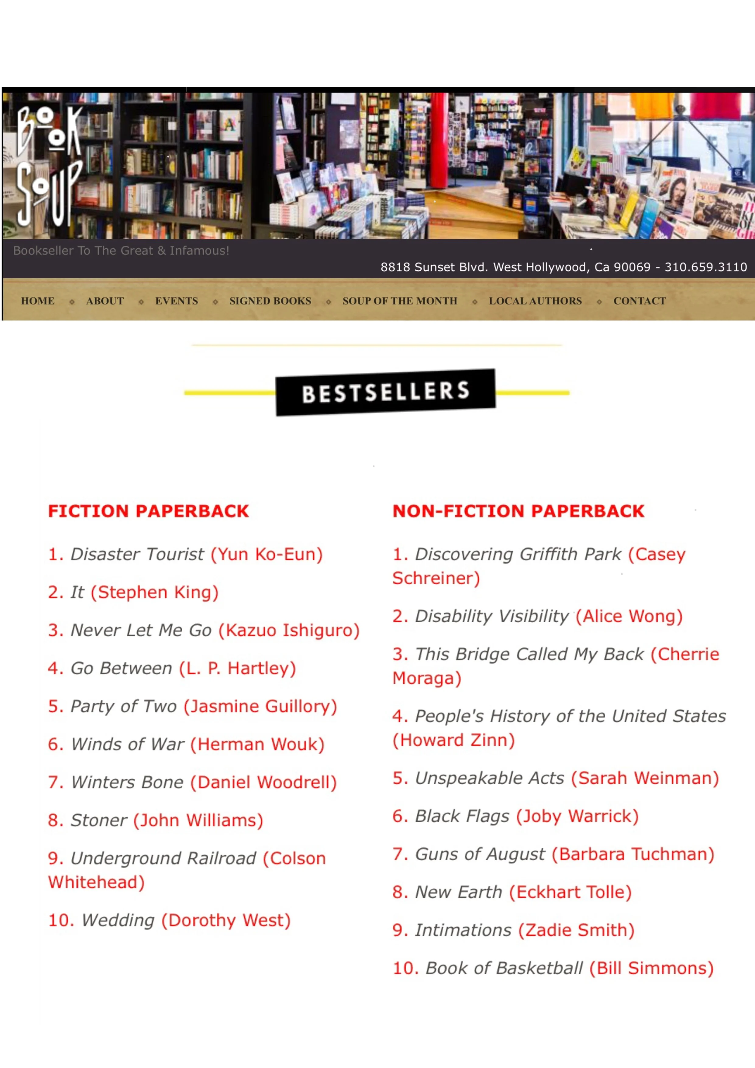 Disaster Tourist #1 Bestseller of Paperback Fiction at Los Angeles's Book Soup!
