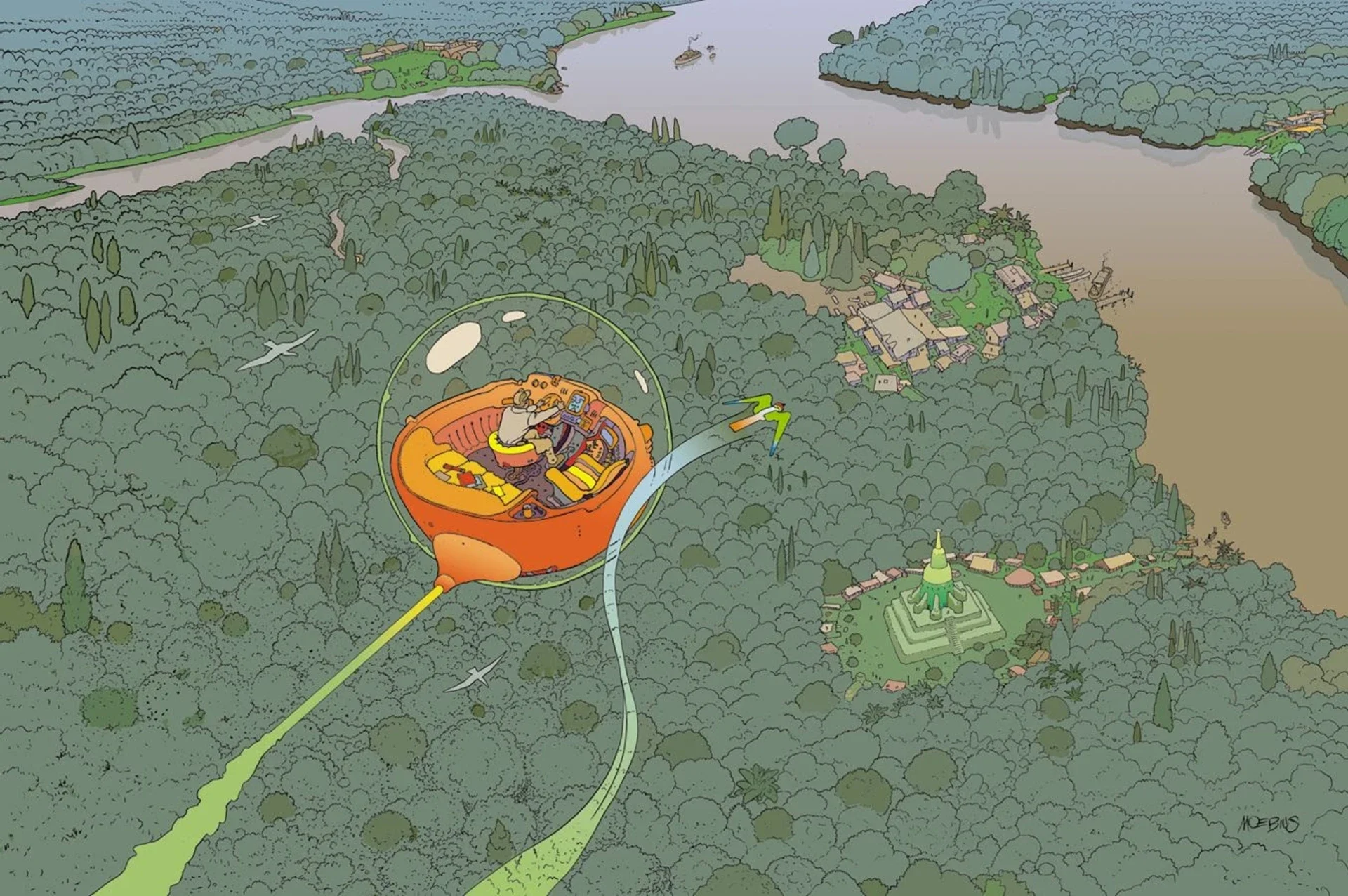 Moebius illustration using an unusual perspective to enhance narrative and storytelling.