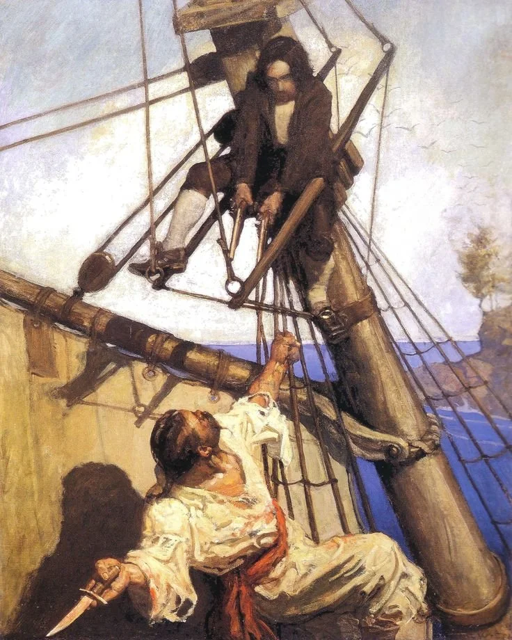 NC Wyeth’s painting of two men in a pre-conflict moment, using directional lines to guide focus and tell the story
