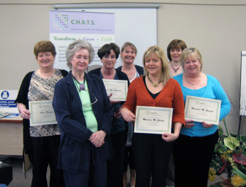 Students L-R: Alice Fleming (Adult Assessor), Dr. Helena Schlindwein (Tutor), Bridie McElhinney (Nurse and Hypnotherapist), Denise O'Boyle (Child Clinical Psychologist), Maureen McGeehan (Social Worker), Denise Gillespie (Midwife and Researcher), Margaret McGonagle (Counsellor); Receiving their CBT Graduation Certificates,