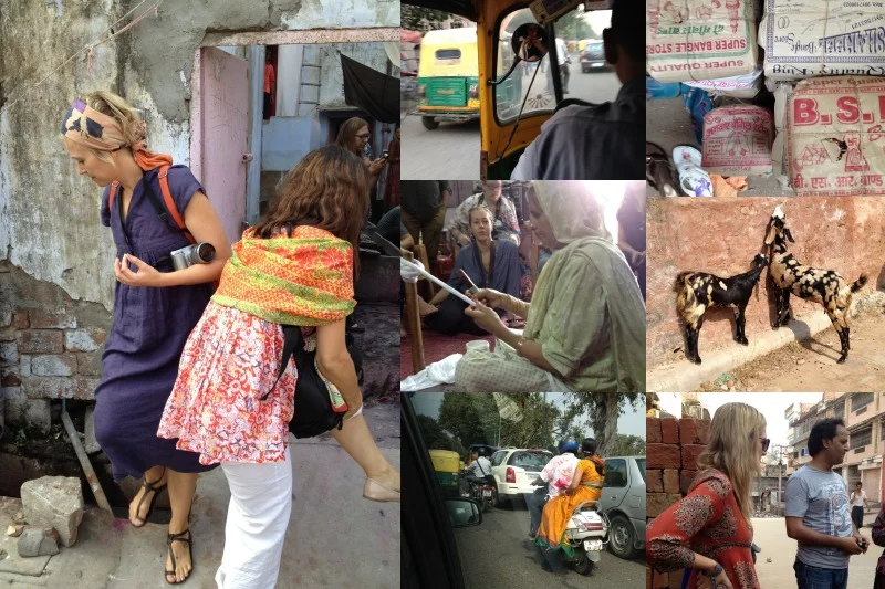 left: Walking to the dyers, upper left: riding in a Tuk Tuk, upper right: packaging, middle left: at the dyers, middle right: on the way to Anokhi Museum, bottom left: the traffic, bottom right: our guide to the dyers.
