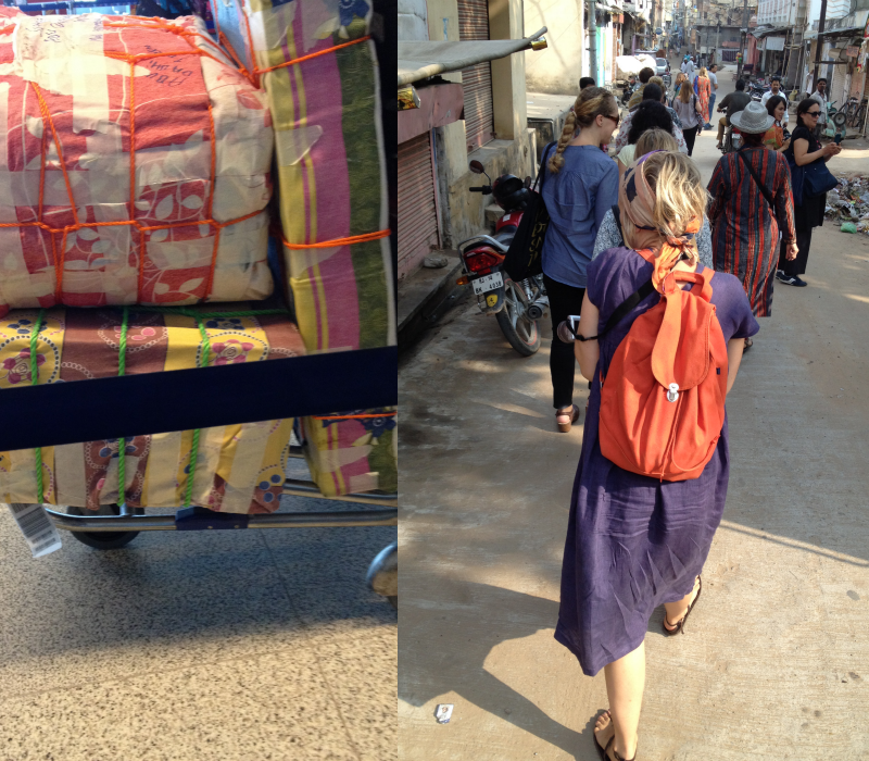 left: at the airport - a bit of packaging, right: walking to the dyers