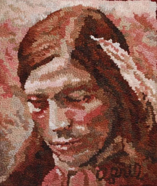 Squanto 2011, November, Faces of the Seasons Series. 12" by 13". #6-cut on linen. Designed, dyed, and hooked by April DeConick. Red Jack Palette Wools. 8-value packs of Wilde Wood 117; Faune Brown 114; Hubbard Fig 119; Sea Shells 142; Red Oak 144; Toadstool 121. 