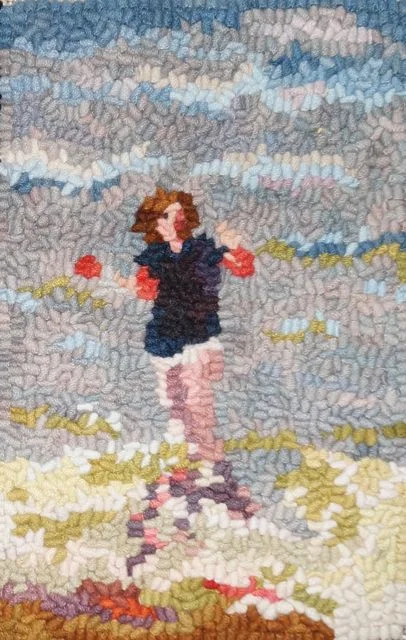 No Suit 2012, 9" by 6". Featured in Rug Hooking Magazine (June-July-August 2013). #6-cut on linen. Designed, dyed and hooked by April DeConick from scraps. Half a page in Hooked Memories series.