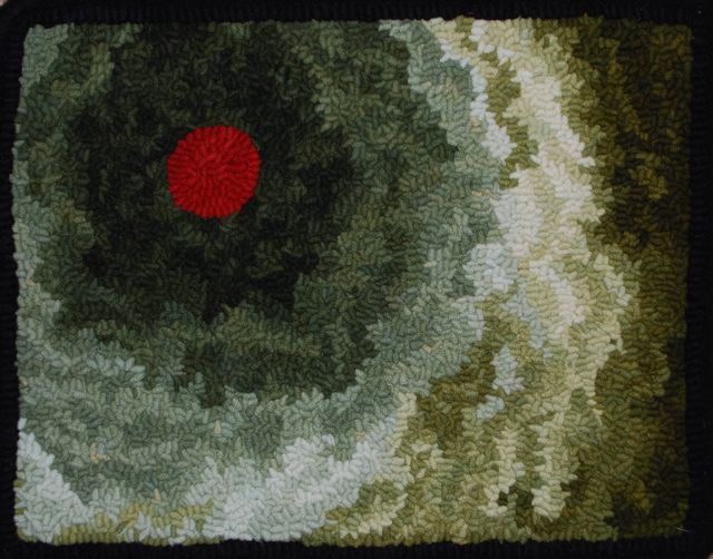 To the Point. 2010, 9" by 12". ATHA Biennial 2010 Exhibit Seeing Red . #6-cut on linen. Designed, dyed and hooked by April DeConick. Red Jack Palette Wool. 8-Value Packs of Nightshade Berry 160; Pixie Green 154; Fiddlehead 164.