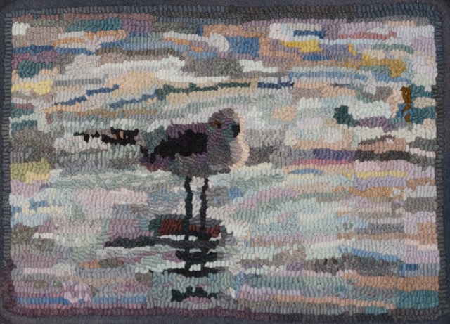 Galveston Gull 2016. #6 cut on linen. 11" x 15". Hooked by Alexander DeGreiner. Designed and dyed by April D. DeConick.