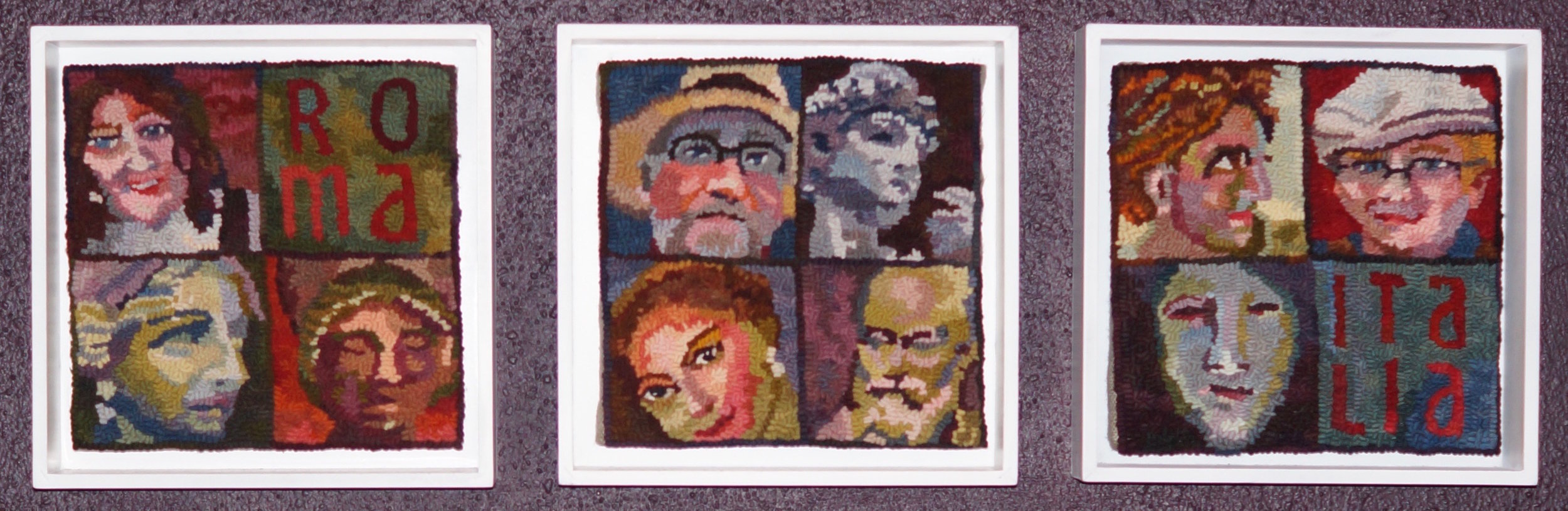 Rome Triptych 2016. Three 10" x 10" framed canvases. 6-cut wool on linen. Designed, Dyed and Hooked by April D. Deconick
