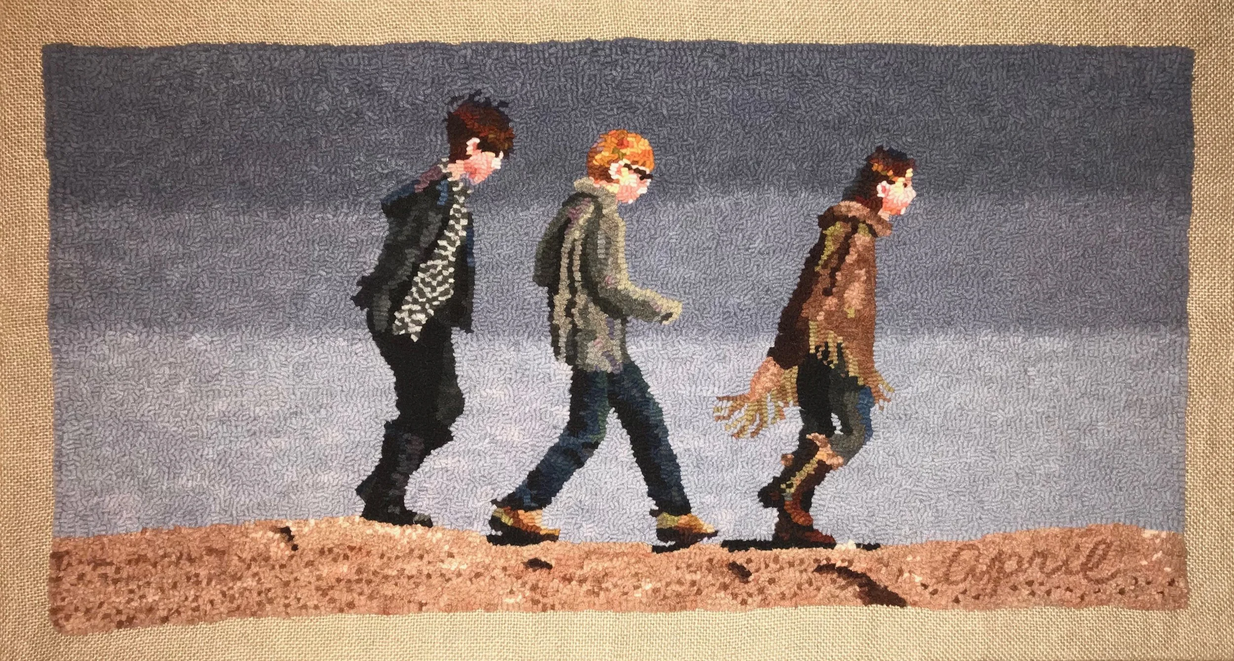 Footloose and Fancy Free. 2018. 18" x 33". Designed, dyed, and hooked by April D. DeConick.