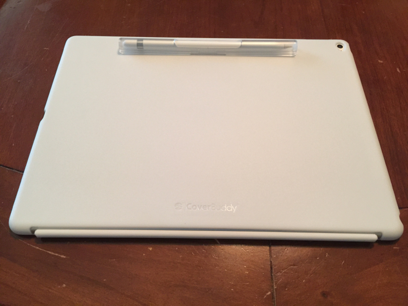 Back view of the iPad Pro with the CoverBuddy and Apple Pencil attached