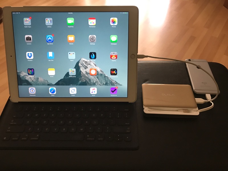 The Power Bank charging up my iPad Pro and iPhone at the same time