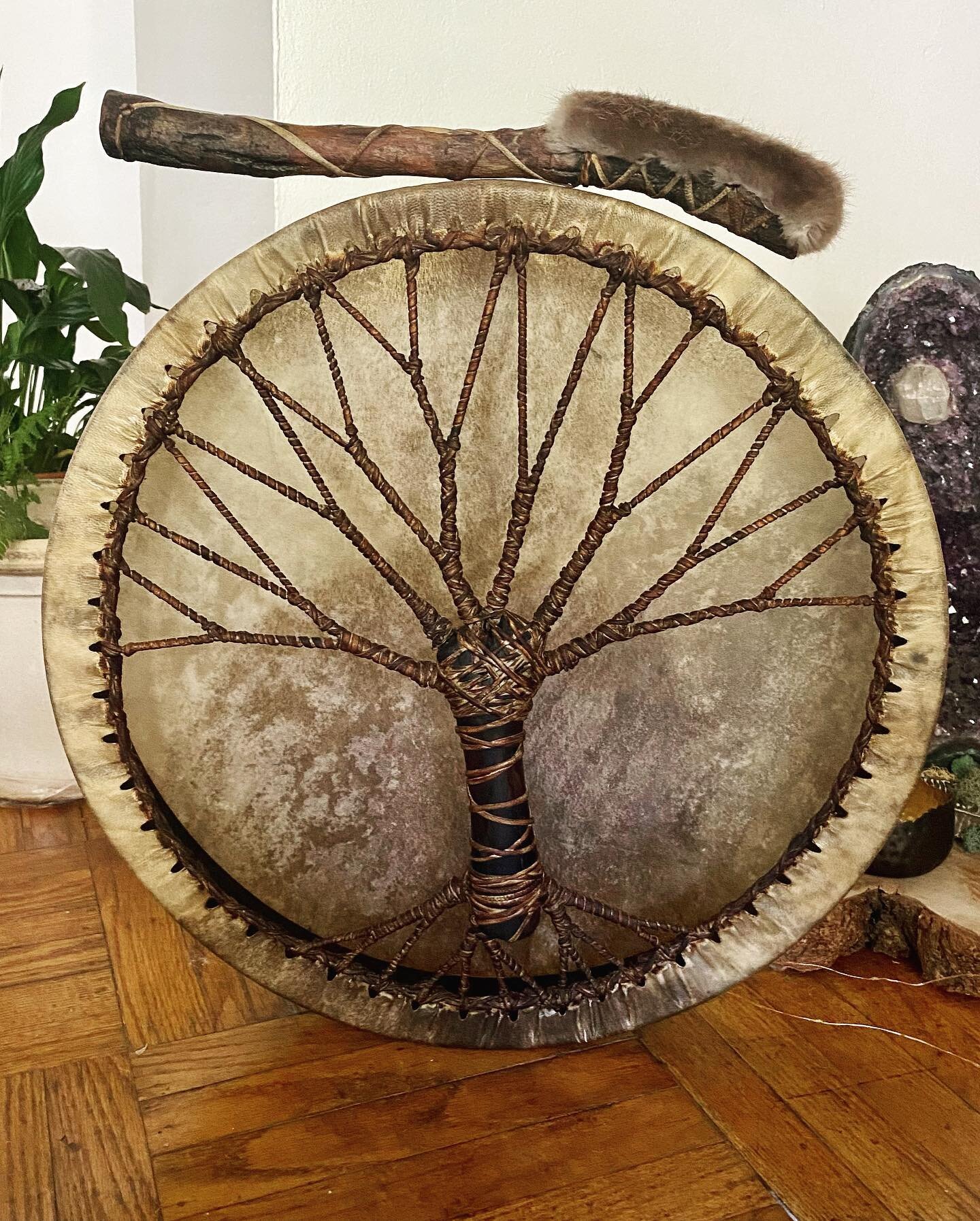Welcoming this new drum ally into my musical family&hellip;

Rich low tones, whisper it&rsquo;s Spirit. 

The stunning variegated hide. 

The exquisite binding, a tree rooted in the  earths pulse, unfurling its branches, holding. 

This level of drum