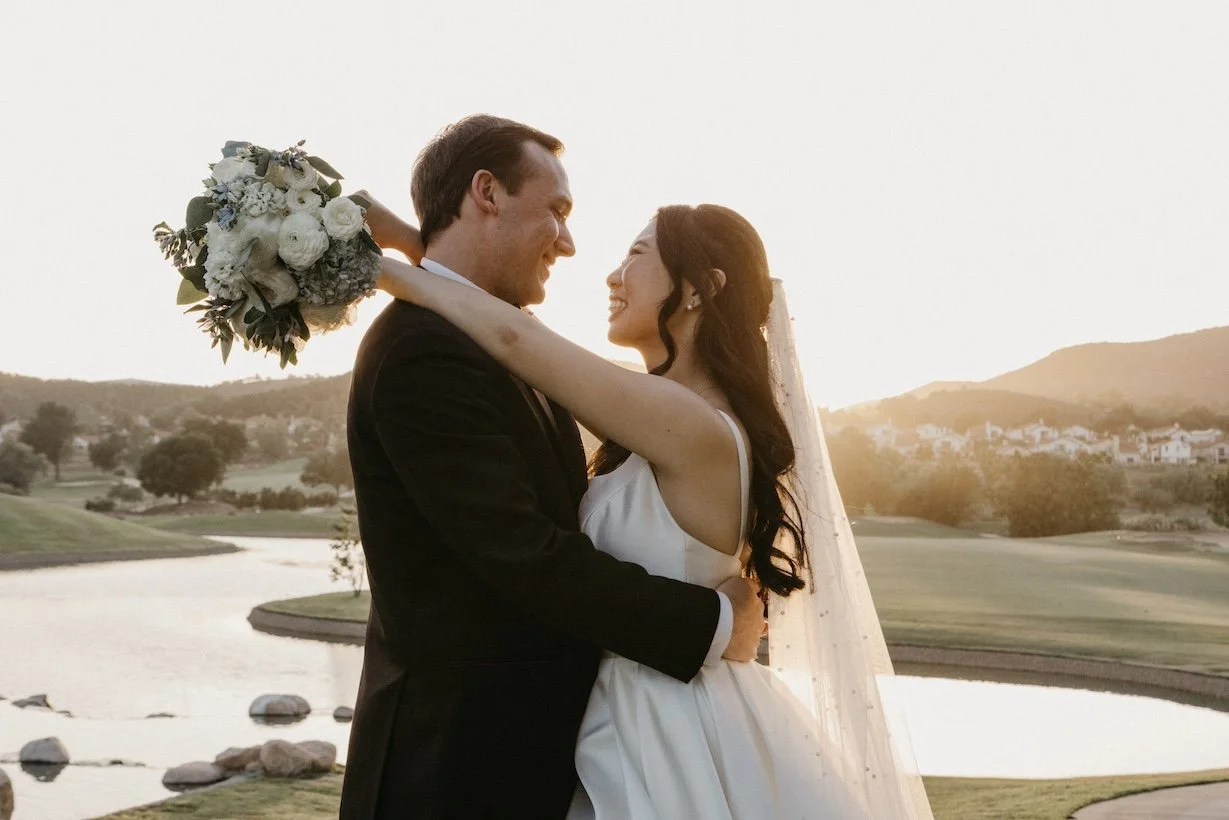 Bride and groom romantic photo at sunset