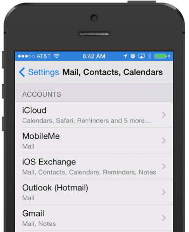 Mail, Contacts, Calendars settings