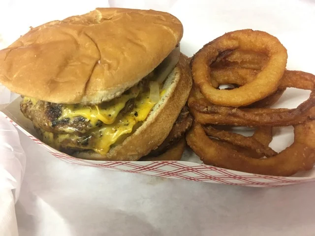 Triple Cheeseburger with Onion Rings