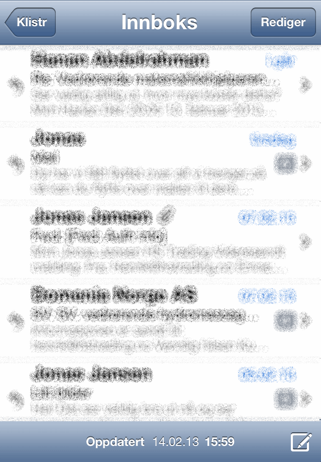 H ER ER INNBOKSEN DIN. HER LEGGER ALLE MAIL SEG. VIL DU SKRIVE EN NY MAIL KAN DU JO BARE KLIKKE PÅ IKONET NEDERST TIL HØYRE. DU KAN JO SENDE EN MAIL TIL DEG SELV?