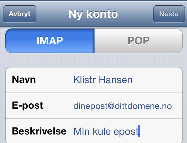 VELG IMAP. DA VIL MAILENE BLI LIGGENDE PÅ SERVEREN SELV OM DU HAR LEST DE OG DU VIL HA TILGANG TIL MAIL FRA ALLE ANDRE EPOSTSYSTEMER OGSÅ. VELGER DU POP BLIR ALLE MAILENE LASTET INN PÅ TELEFONEN OG KUN VÆRE TILGJENGELIGE DER.