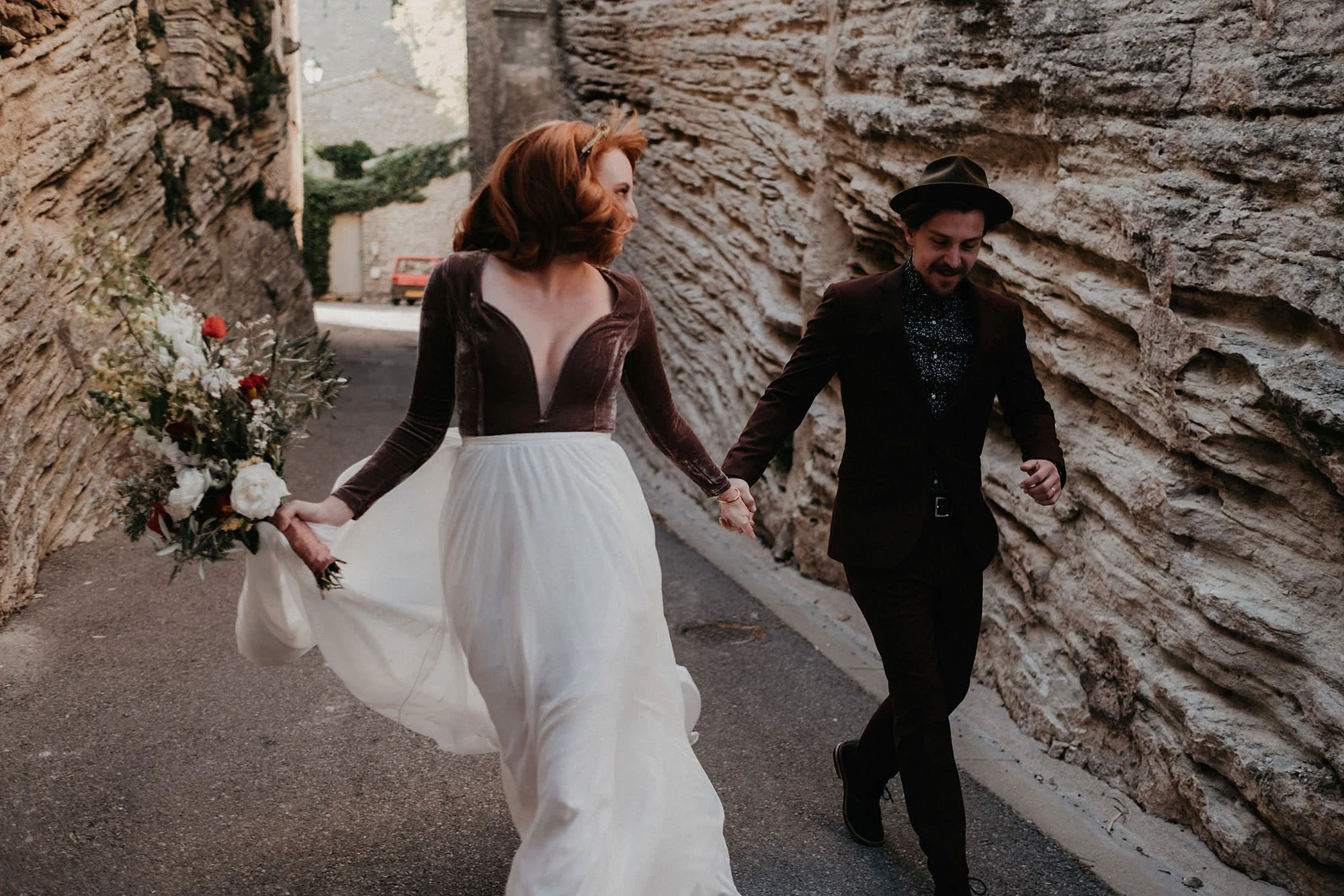 goult provence france elopement vow renewal couple running photo