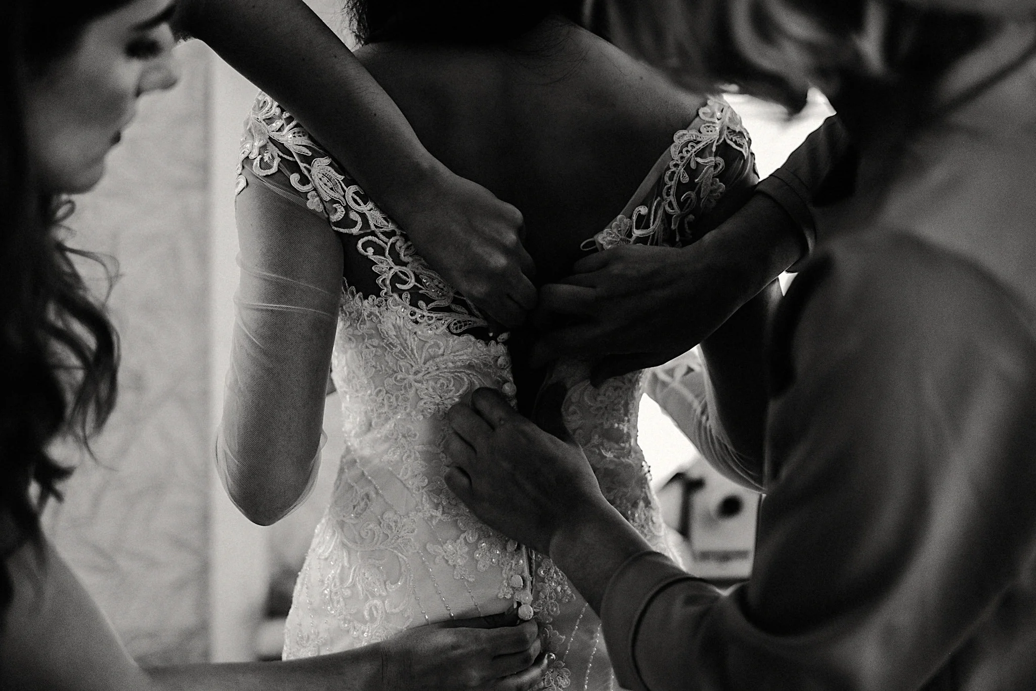 bride getting ready dress black and white