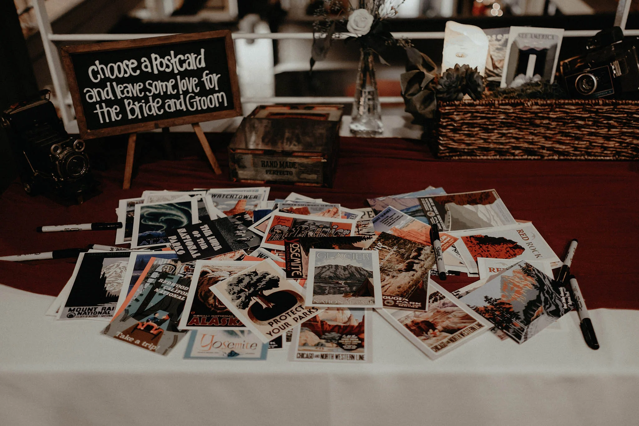 cincinnati warehouse wedding photographer reception postcard table details