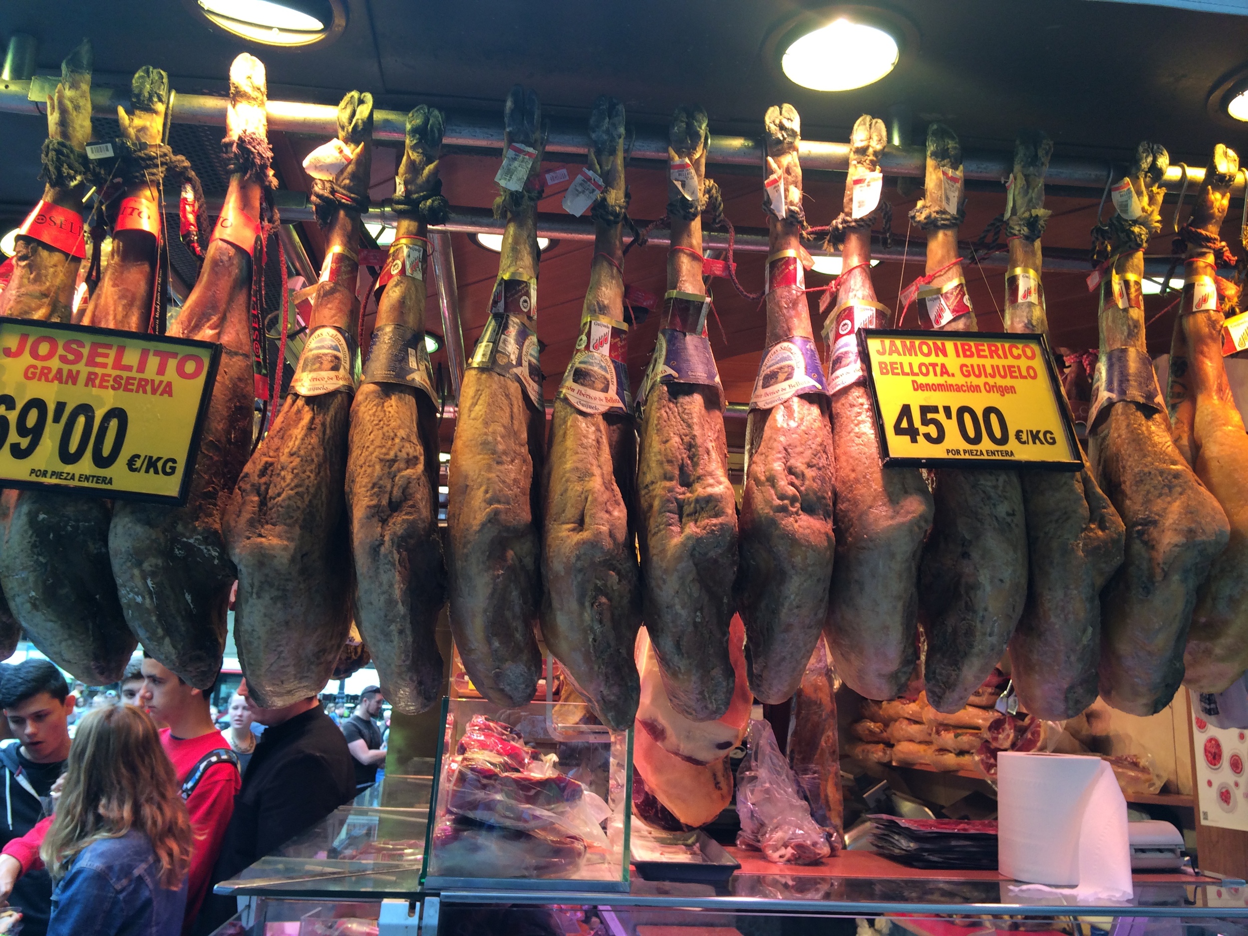 Jamon on display at La Boqueria.