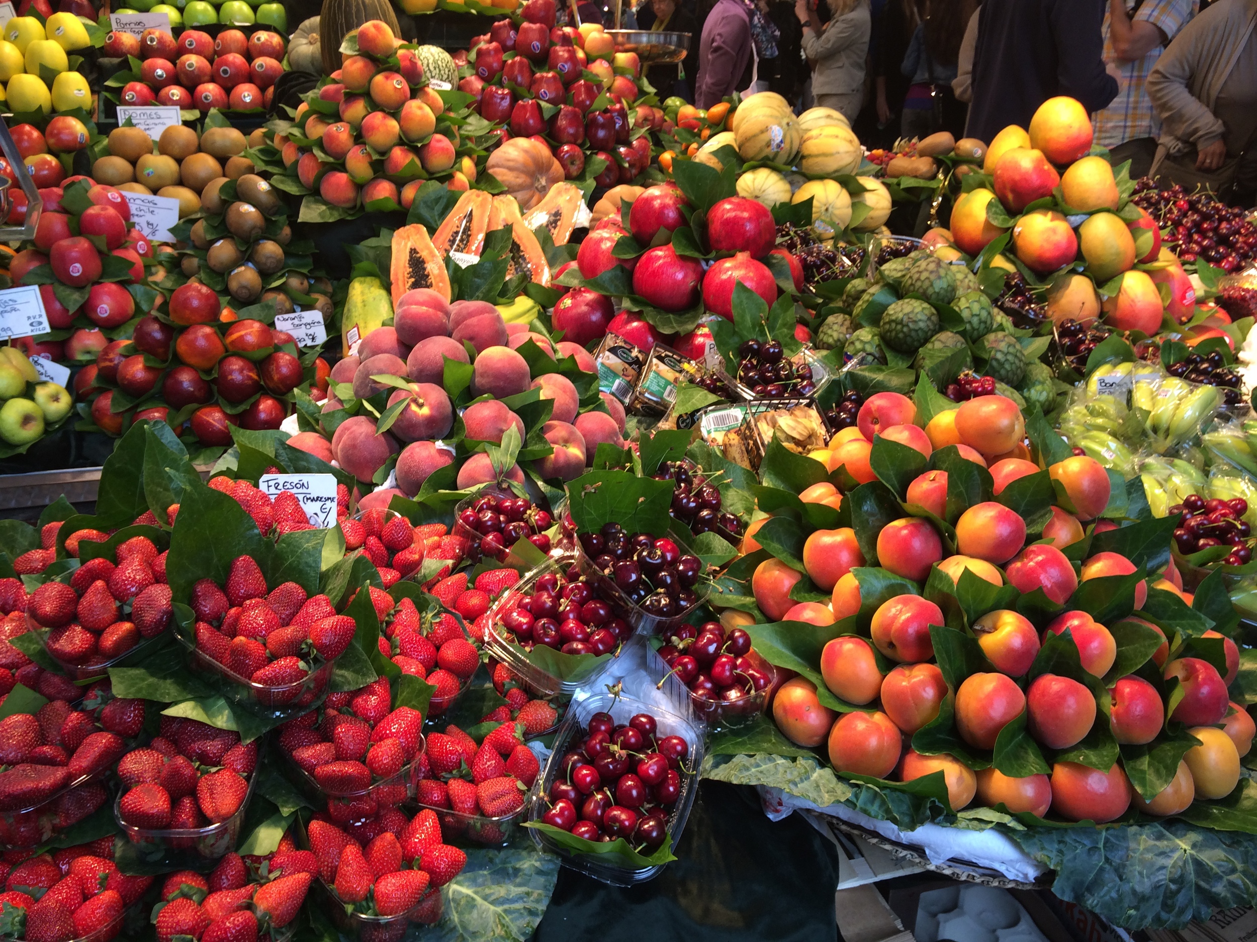 Fruit display from vendors at La Boqueria.