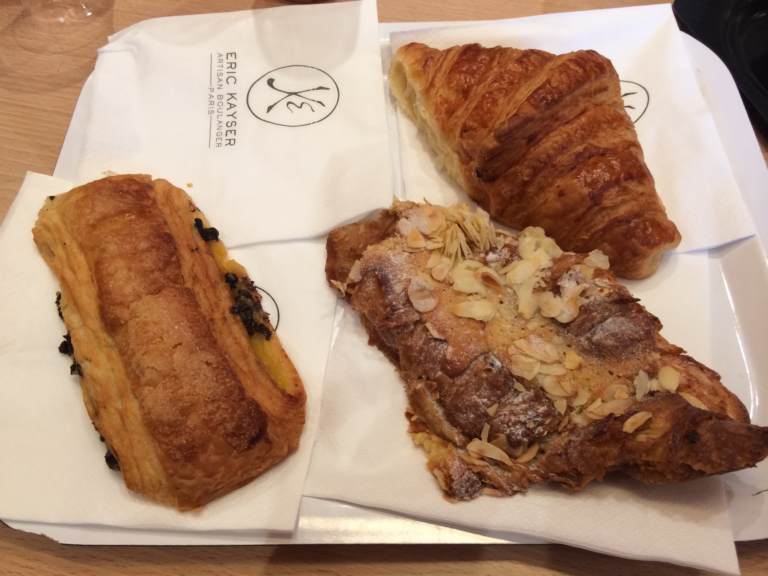 Croissant sampler, from left to right: chocolate, plain, and almond. My family and I had so much fun tasting them!