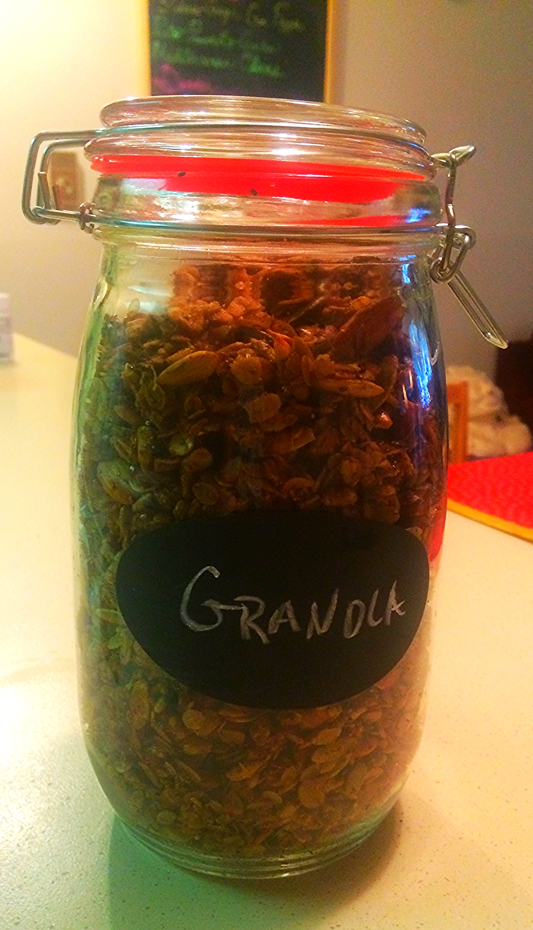 Granola fresh from the oven, cooled, and ready for pantry storage.