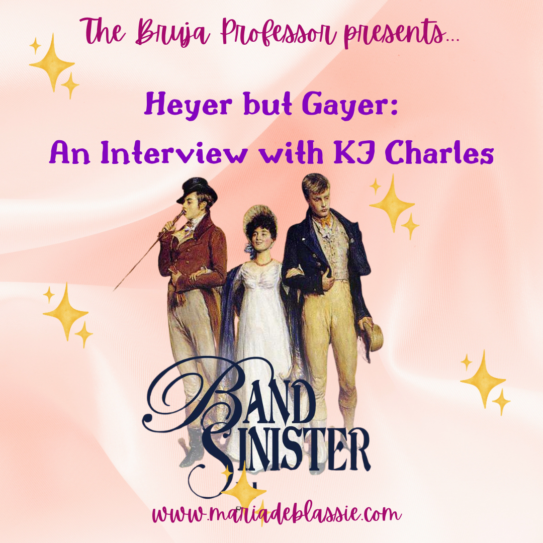 Digital flyer featuring Regency-era figures and text promoting an interview with KJ Charles.