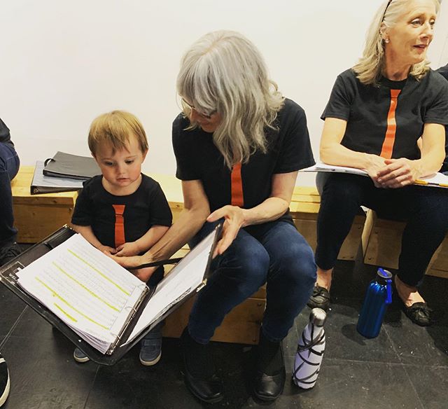 Dee sewed an Ian-sized PopTones shirt; here he is cramming his part before today’s show.