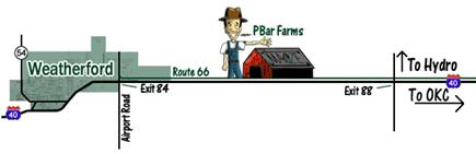 P Bar Farms is located on I-40 between Hydro and Weatherford, Exit 84 (from the West) or Exit 88 (from the East) and follow Route 66 (North access road) for approximately 3 miles. Look for our old red barn with our logo painted on it .