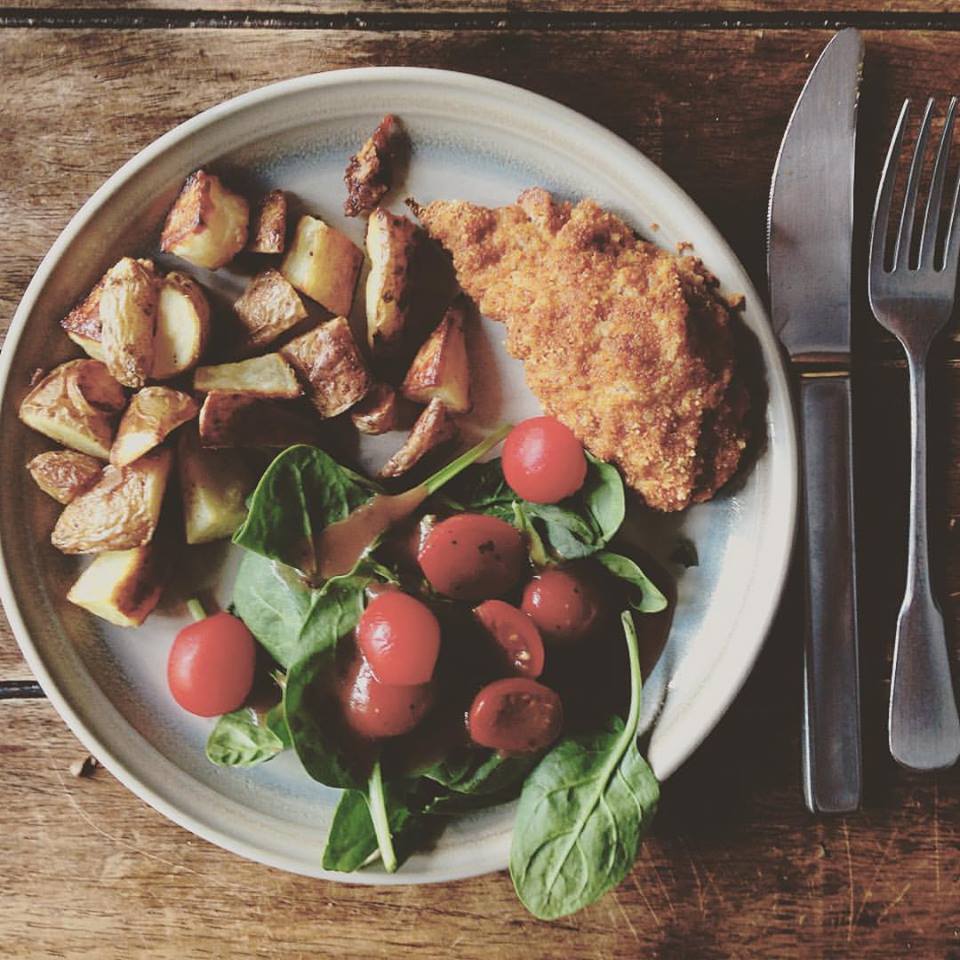 Roasted Potatoes, Almond Crusted Chicken and Spinach Salad with Cherry Toms and Balsamic Dressing