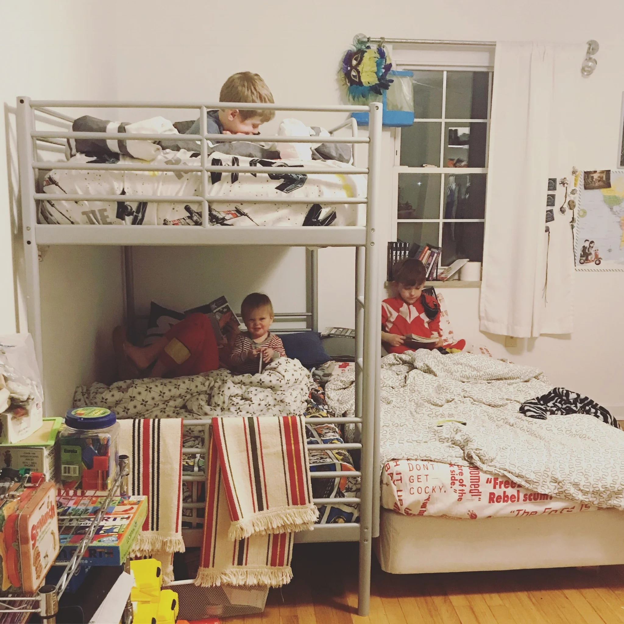 This is from our evening rhythm. The boys read for 15-20 minutes each night before bed. We just recently altered this - O used to go to bed, he now joins them.