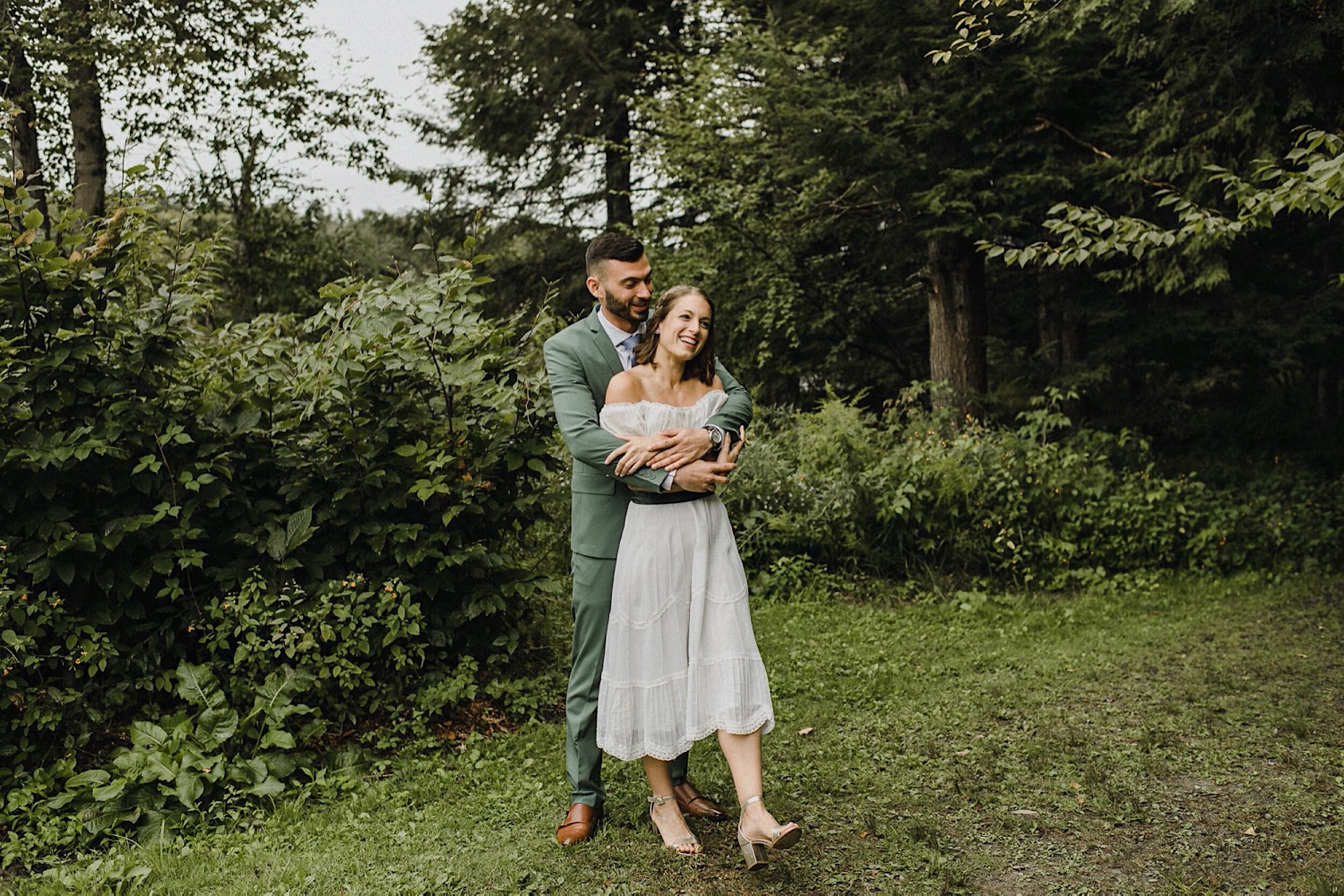 happy bride and groom at camp wedding