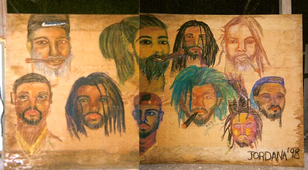 RASTA & BALDHEAD KING'S TOWN MURAL 1998 , The first time I met King Yelo and his family-friends they asked me to draw portraits. When I showed up in King's Town they had this huge piece of plywood maybe 8 ft wide and 4 ft tall. Everyone was shy to sit for me until after the first one -- and then there was a line all day long . . .and fighting between the rastas and baldheads. In the end I painted everyone and spent morning to night, ten portraits in all. King Yelo now tells me, fifteen years later, that I don't have it in me anymore to paint like that. One day soon I'm going to prove him wrong. King's Town, Providenciales, Turks and Caicos. GIFT TO KING YELO Watercolor crayon on wood