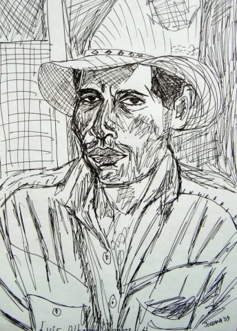 BELIZEAN COWBOY 2003 , local cowboy at the Riverside Bar & Disco in Bullet Tree Falls, Belize, Central America. In 2003 I lived in the jungle of Belize with howler monkeys and took over this bar and disco on the Mopan River. Sometimes during the day locals would come and I would draw their portraits. I drew two portraits that day of the Cowboy and I gave him the other one. ARTIST'S COLLECTION Pen on paper